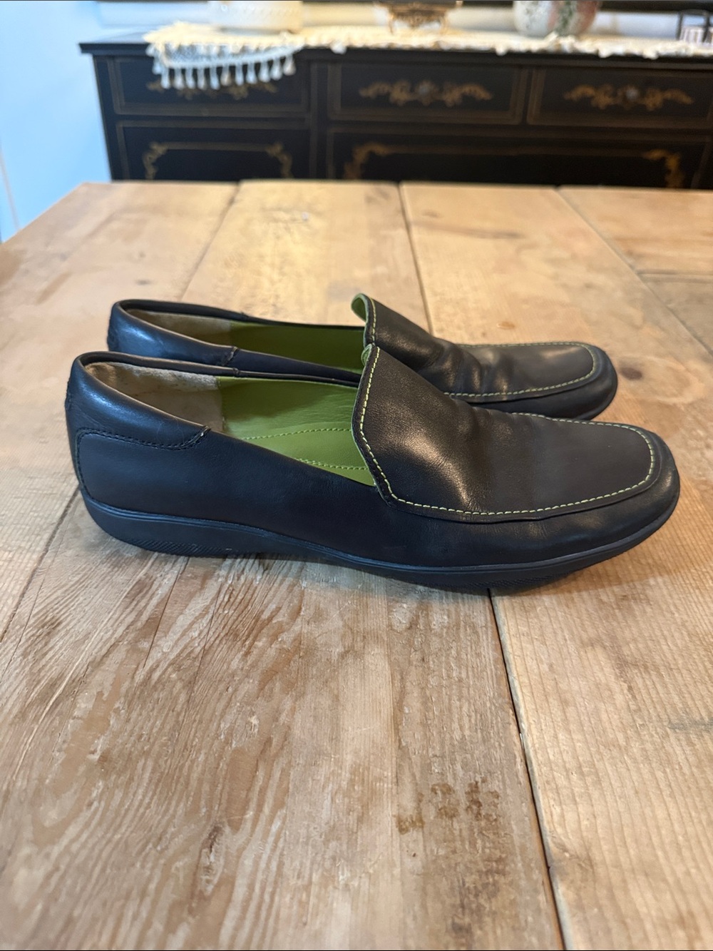 Coach Black Leather Slip-On Loafers with Green Interior